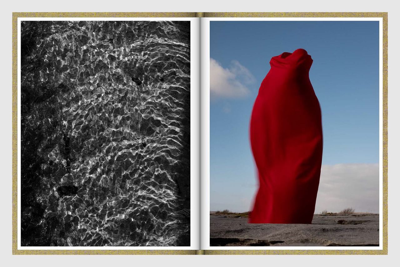 The photo to the left shows water in black &amp; white. The photo to the right shows a person wrapped in red fabric.