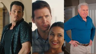 Kevin Dillon, Kevin Connolly, and Emmanuelle Chriqui in Entourage: The Movie and Martin Sheen in Grace and Frankie, pictured side by side.