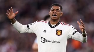 Marcus Rashford gestures during Manchester United's 1-0 defeat at West Ham in the Premier League in May 2023.
