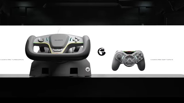 A GameSir Racing wheel and Direct Drive controller next to one another
