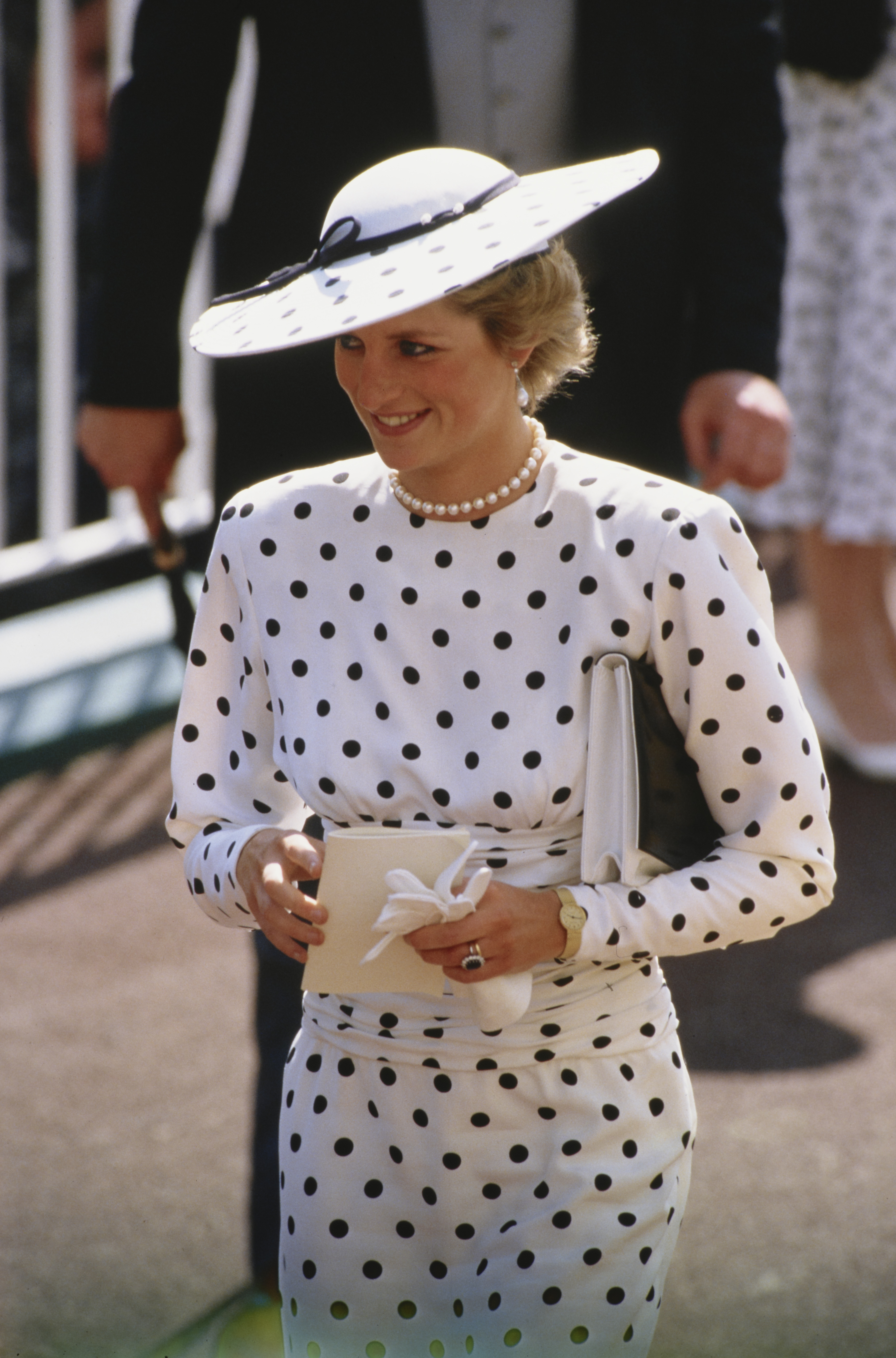 Princess Diana at Royal Ascot in a polka dot white dress and hat