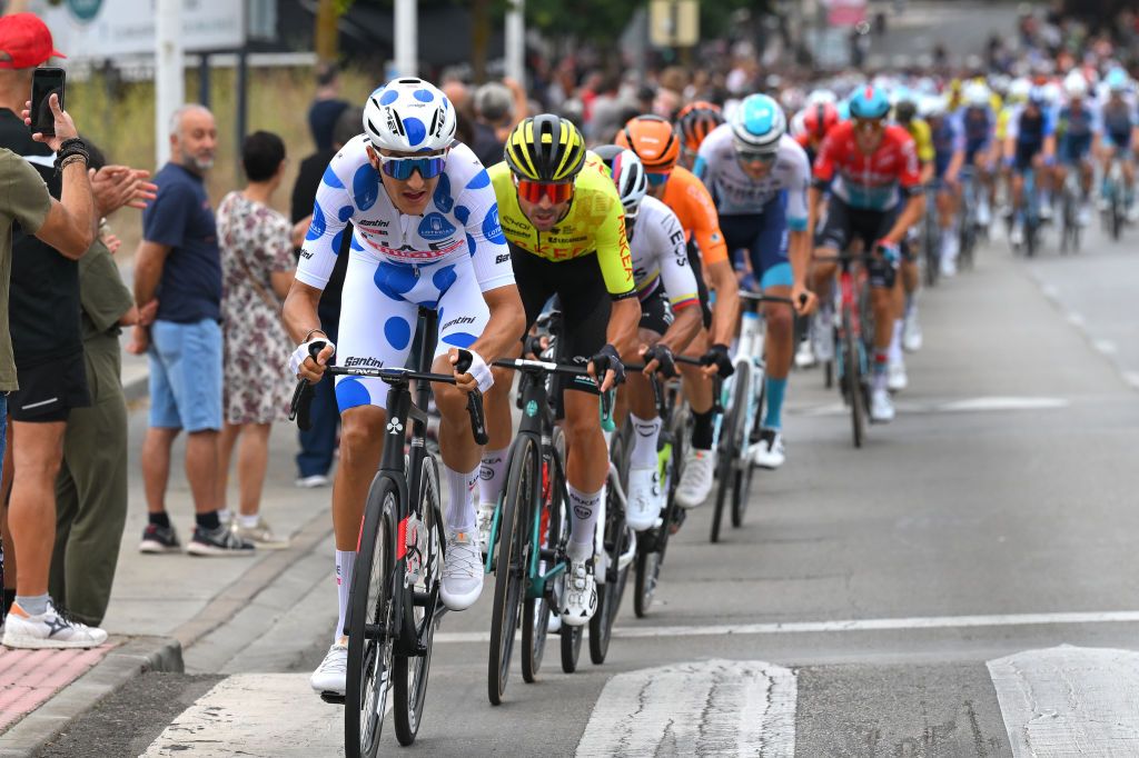 VILLABLINO SPAIN AUGUST 31 Marc Soler of Spain and UAE Team Emirates Polka Dot Mountain Jersey leads the peloton during the La Vuelta 79th Tour of Spain 2024 Stage 14 a 2005km stage from Villafranco del Bierzo to Villablino UCIWT on August 31 2024 in Villablino Spain Photo by Tim de WaeleGetty Images