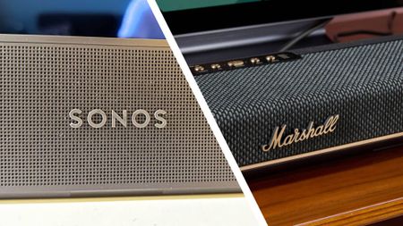 Sonos and Marshall logos on two soundbars