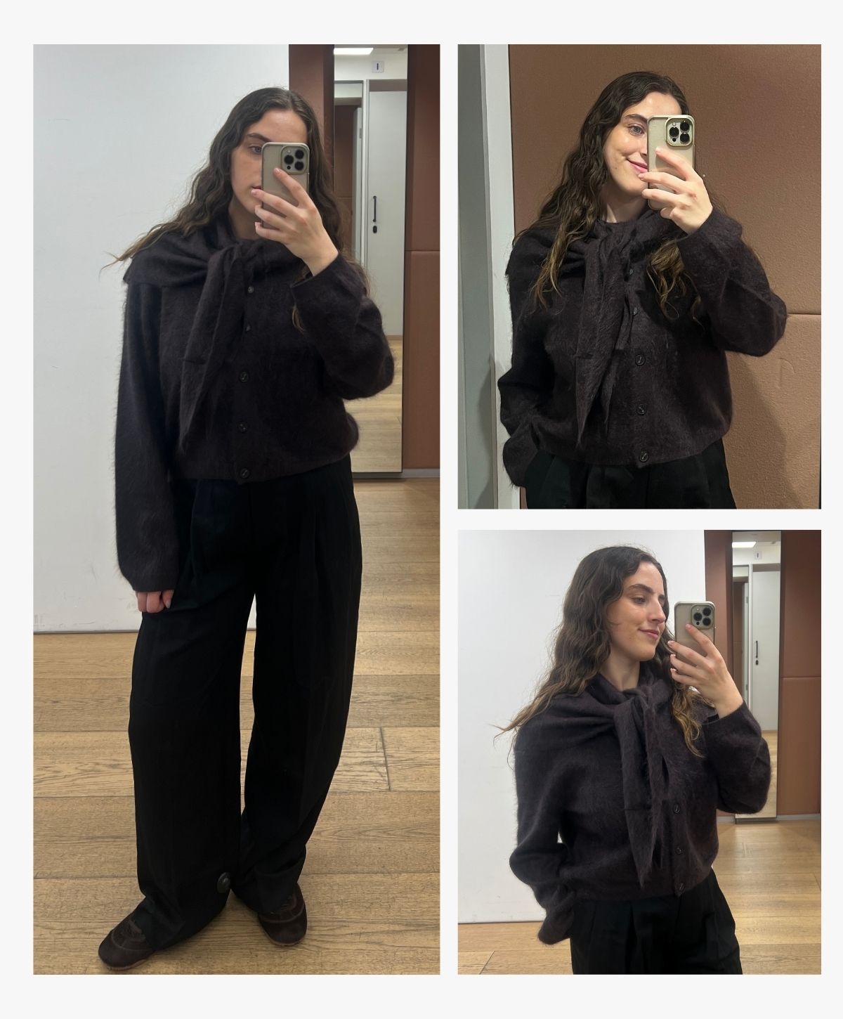 Who What Wear&#039;s Ava Gilchrist wears a Cos cashmere cardigan, triangle scarf, pony hair trainers and wool trousers.