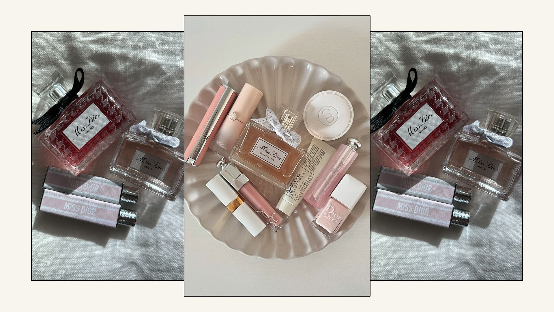 A white tray with beauty products including the Miss Dior perfume