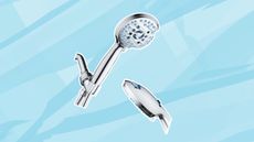 The AquaCare High Pressure Showerhead with a silver base and two heads on top of a light blue watercolor background