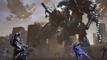 Four characters aiming at a huge, mechanical enemy in The First Descendant.