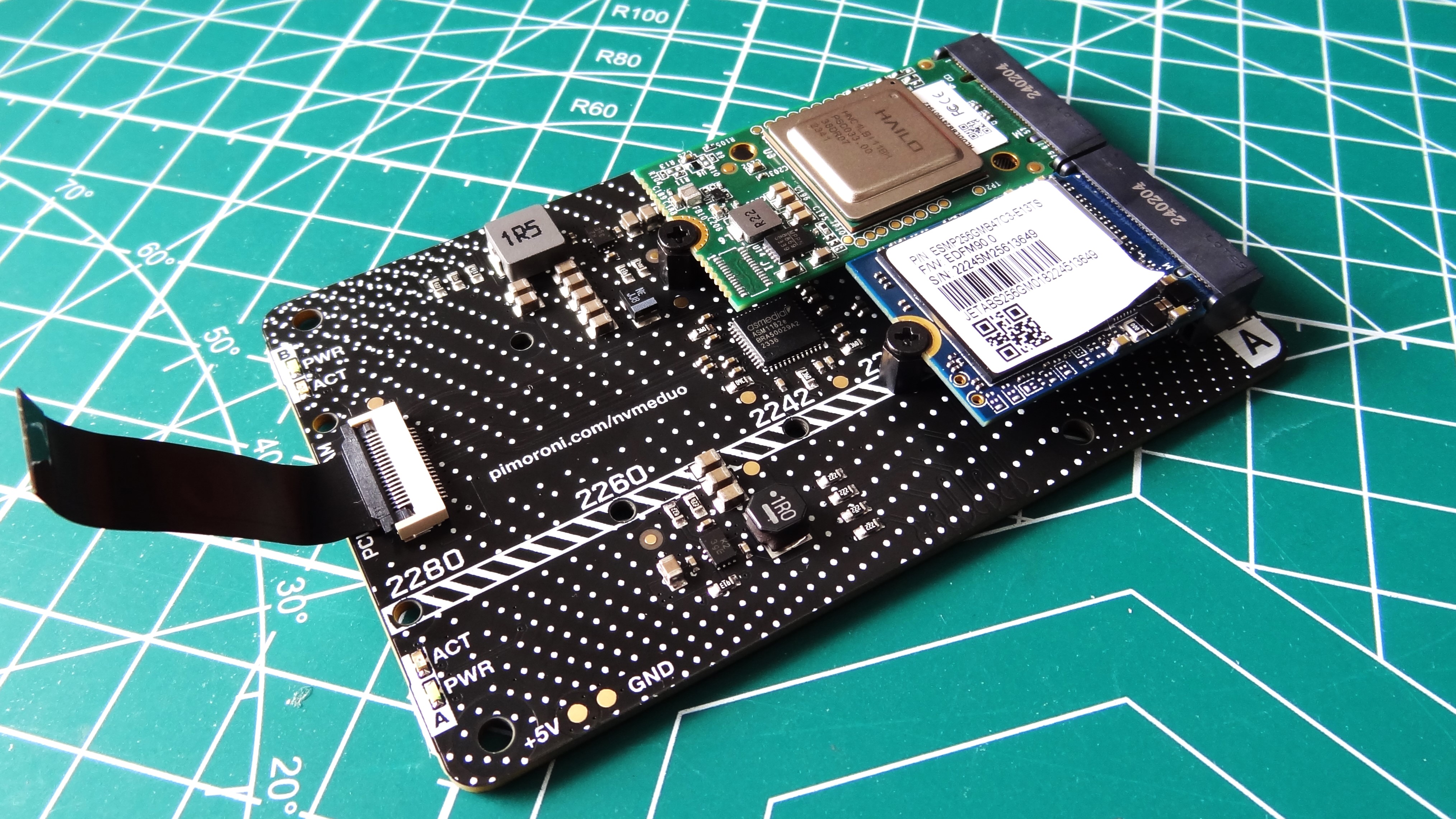 A Pimoroni NVMe Base Duo being used with an NVMe SSD and the Raspberry Pi AI Kit's Hailo-8L NPU