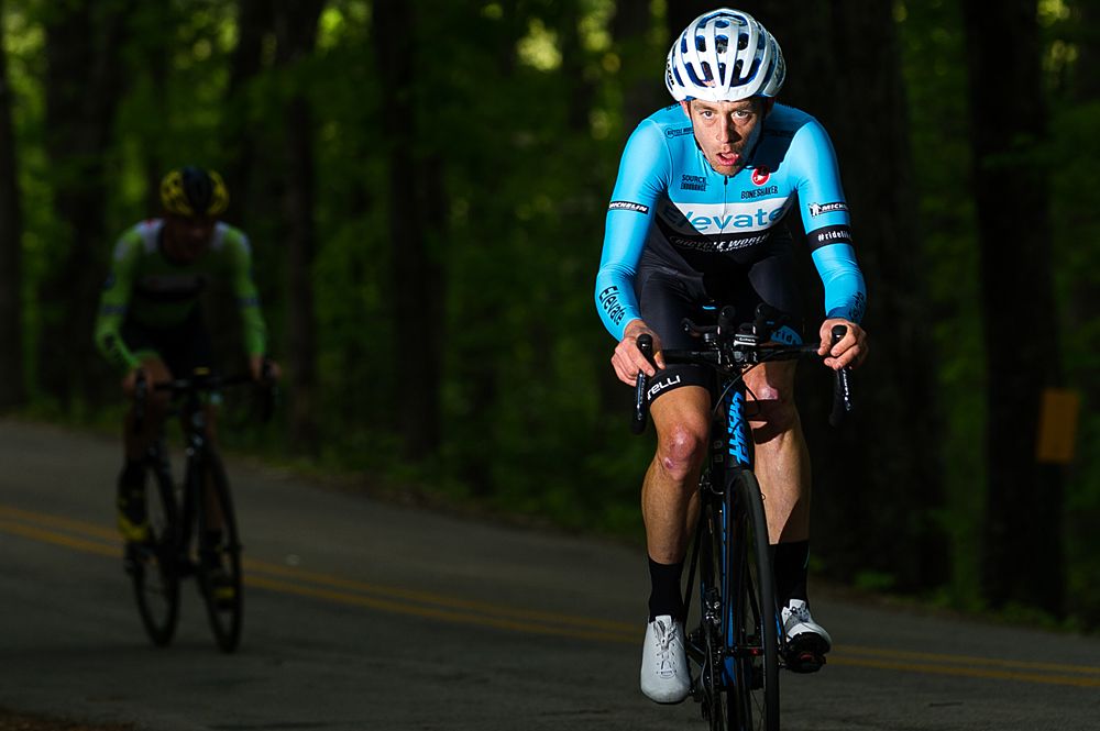 A Elevate Pro Cycling p/b Bicycle World (USA) rider makes his way up the switchback section of the course.