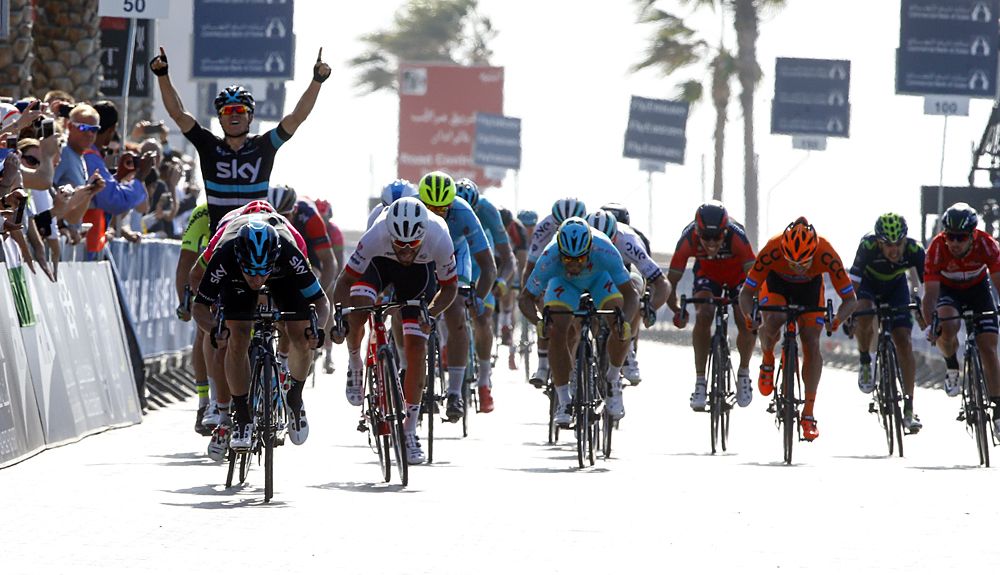 Elia Viviani (Team Sky) wins the bunch sprint at the Dubai Tour stage 2