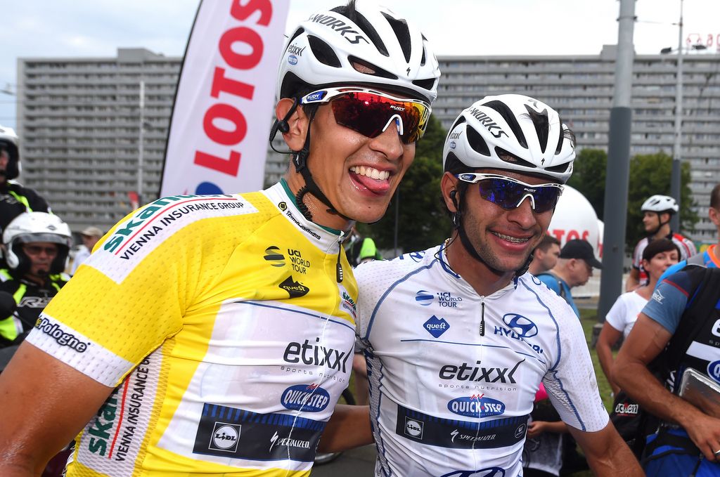 Race leader Davide Martinelli with Etixx-Quick Step teammate Fernando Gaviria
