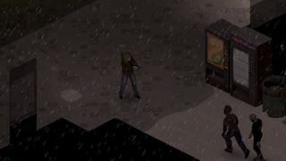 A character shooting at zombies in project zomboid