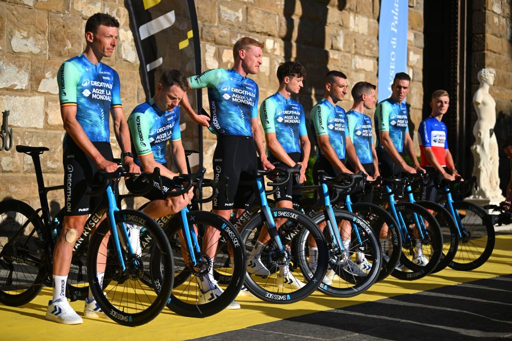 FIRENZE ITALY JUNE 27 Felix Gall of Austria Dorian Godon of France Nans Peters of France Oliver Naesen of Belgium Sam Bennett of Ireland Paul Lapeira of France Bruno Armirail of France Nicolas Prodhomme of France and Decathlon AG2R La Mondiale Team during the 111th Tour de France 2024 Team Presentation UCIWT on June 27 2024 in Firenze Italy Photo by Dario BelingheriGetty Images