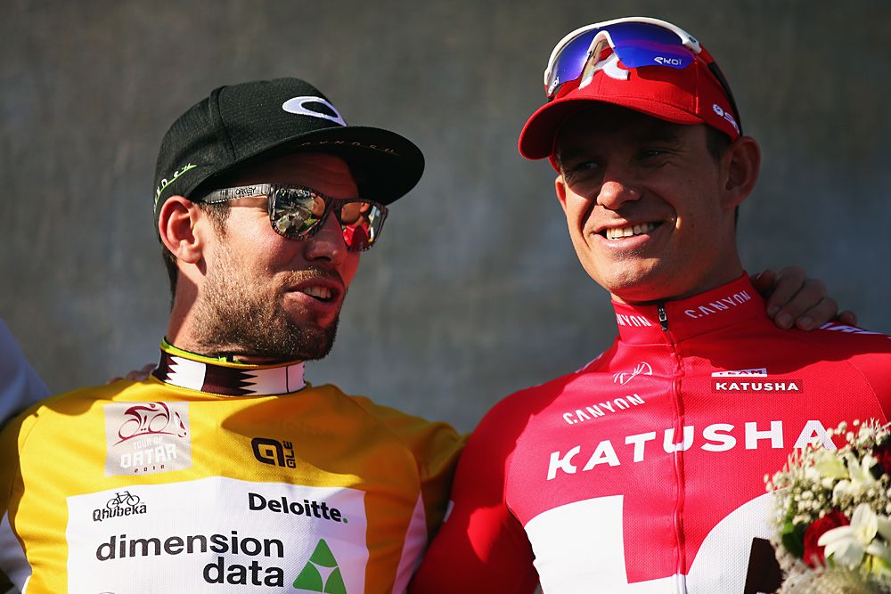Overall leader Mark Cavendish (Dimension Data) and stage 2 winner Alexander Kristoff (Katusha) stand on the podium at the Tour of Qatar
