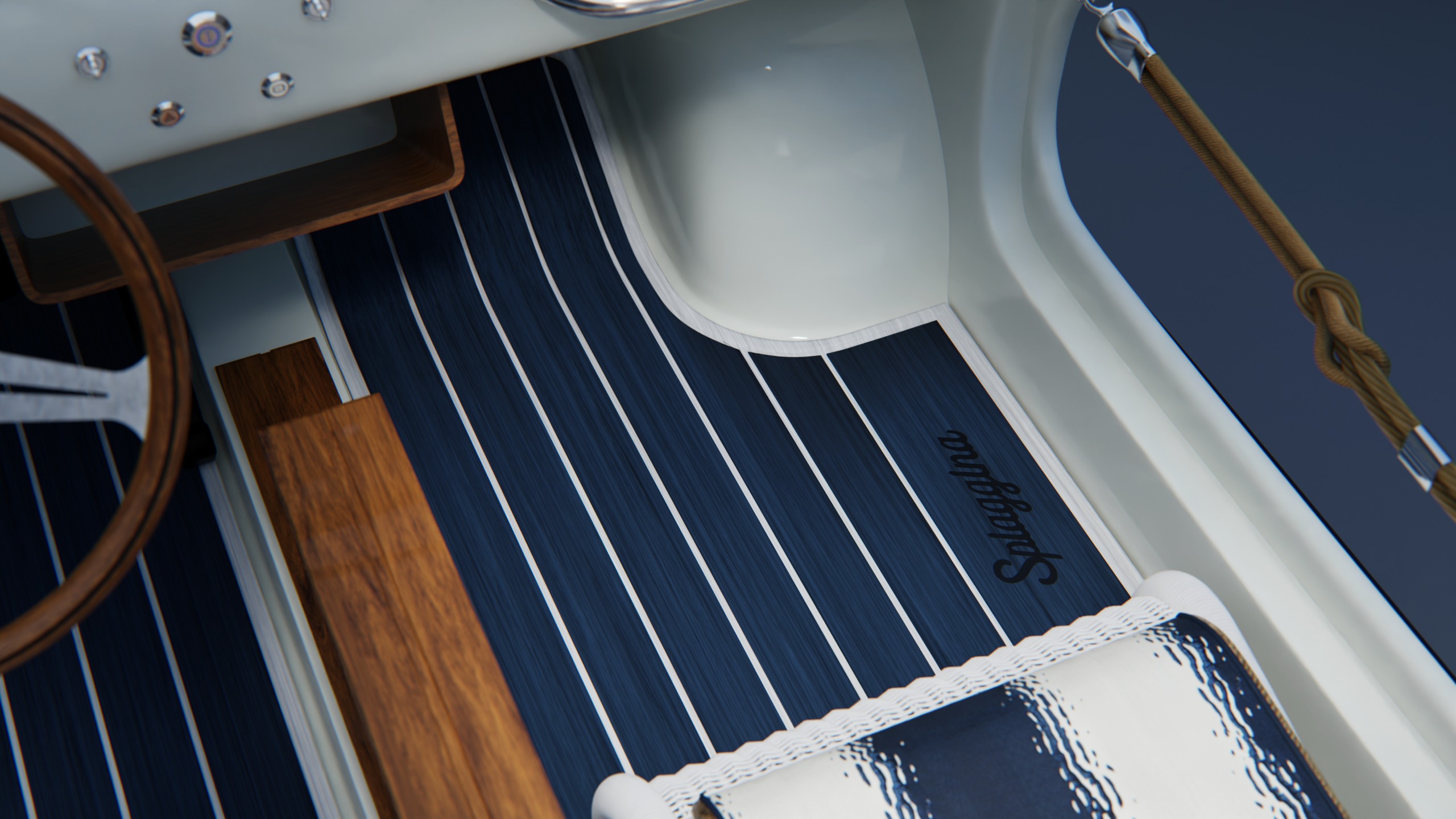 The blue and white floor mats are by Italdek, while the 'Scia' fabric is by Mariaflora