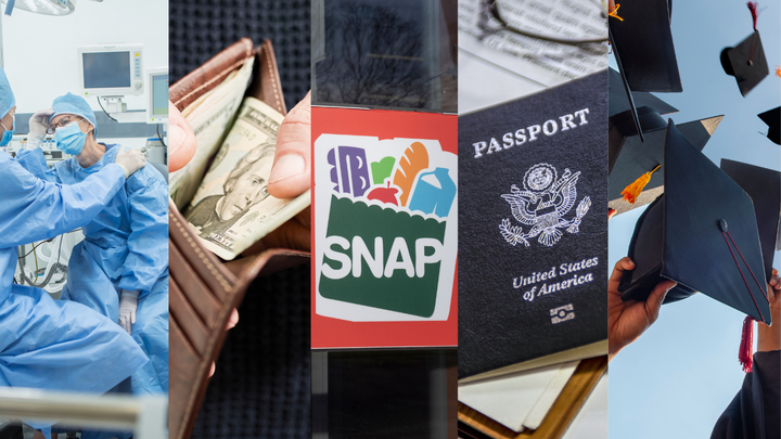 Image shows a collage including hospital workers, a person looking at their wallet, a SNAP benefits sign, a passport, and a graduation cap.
