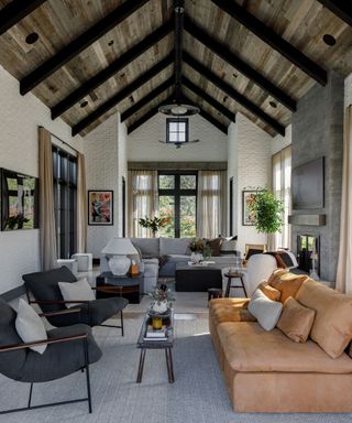 An organic modern living room with a wooden pitched ceiling