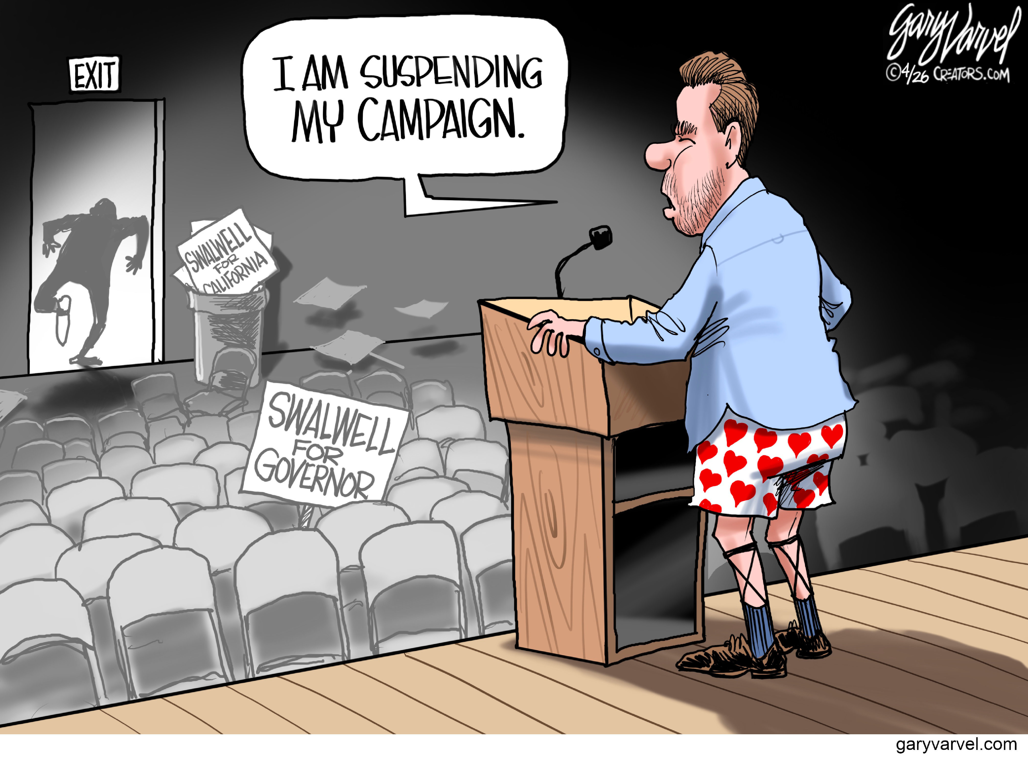 Eric Swalwell stands at a podium in an empty auditorium. He has no pants on and a man is running away after having dropped a sign that reads &amp;ldquo;Swalwell for Governor.&amp;rdquo; Swalwell says, &amp;ldquo;I am suspending my campaign.&amp;rdquo;