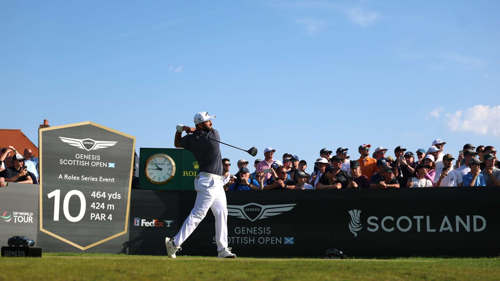 Jon Rahm hits a tee shot at the Genesis Scottish Open