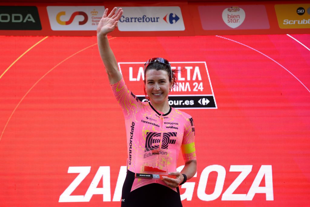 ZARAGOZA SPAIN MAY 01 Kristen Faulkner of The United States and Team EF EducationCannondale celebrates at podium as sduring the 10th La Vuelta Femenina 2024 Stage 4 a 1423km stage from Molina de Aragon to Zaragoza UCIWWT on May 01 2024 in Zaragoza Spain Photo by Alex BroadwayGetty Images