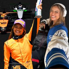 A collage of photos of Bianca Bustamante in her McLaren racing suit on the podium at the Miami Grand Prix and in a blue letterman jacket at the airport.