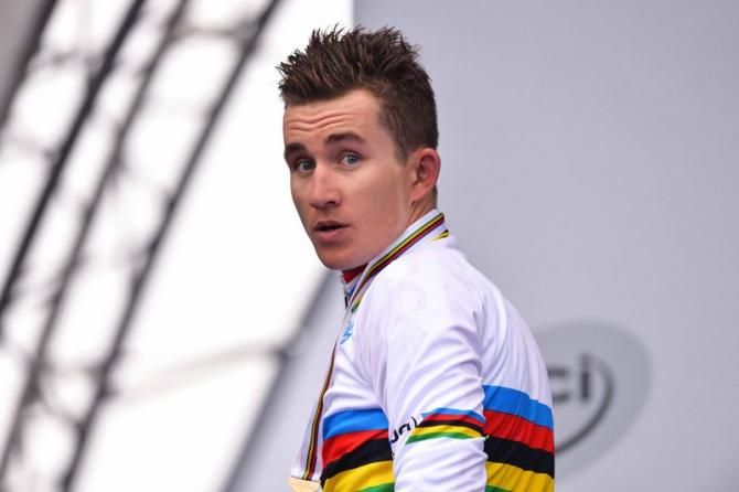 Michal Kwiatkowski (Poland) walks off the podium