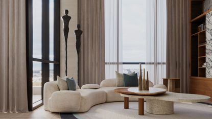 large, double-height modern living room with curved beige sofa, stone and timber coffee table, large black framed windows with layered block out and sheer curtains