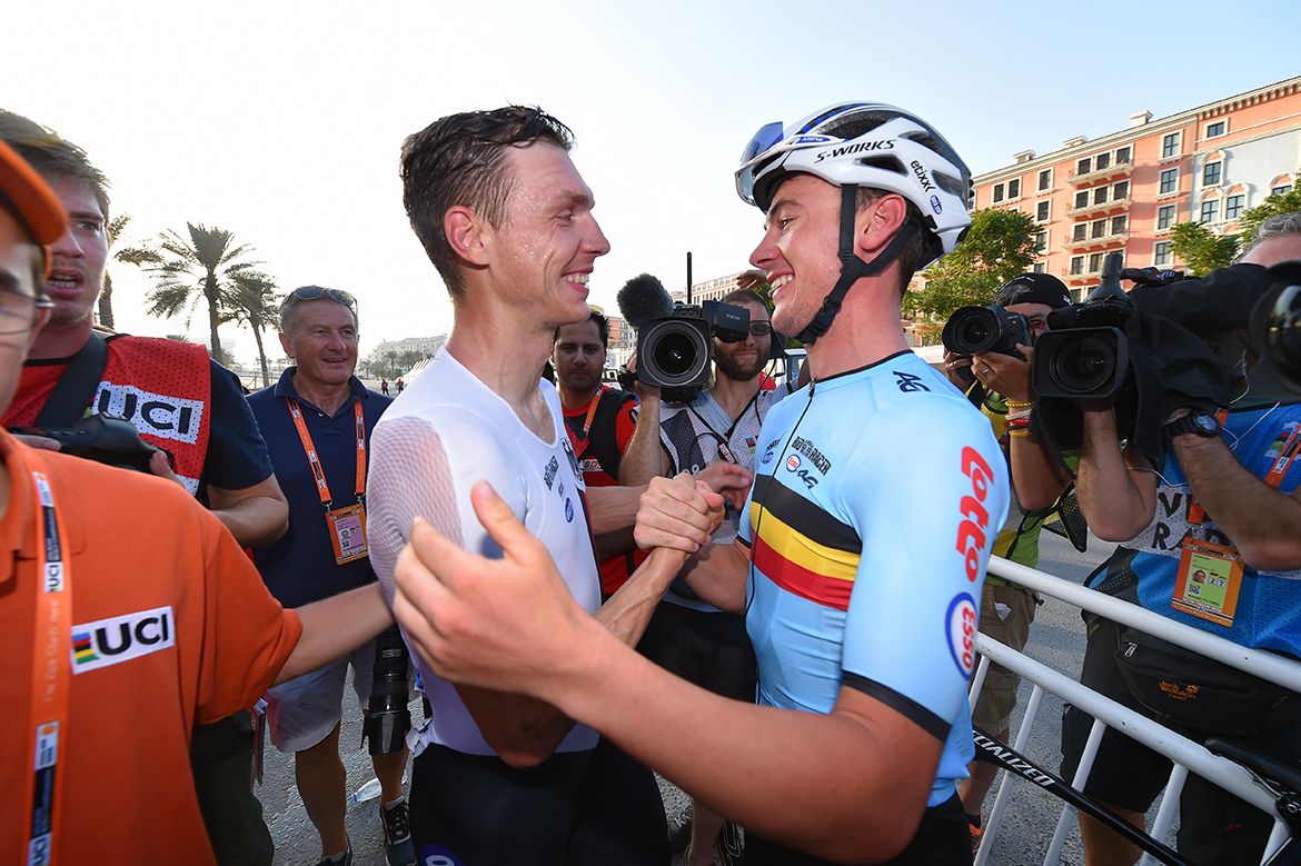Tony Martin (Germany) is congratulated after his win by trade teammate Yves Lampaert