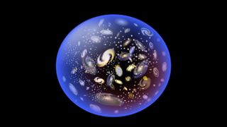 An artistic image of the expansion of the universe inside a bubble.