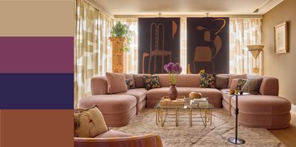 a beige living room with a light pink sofa and large wall panels across the window