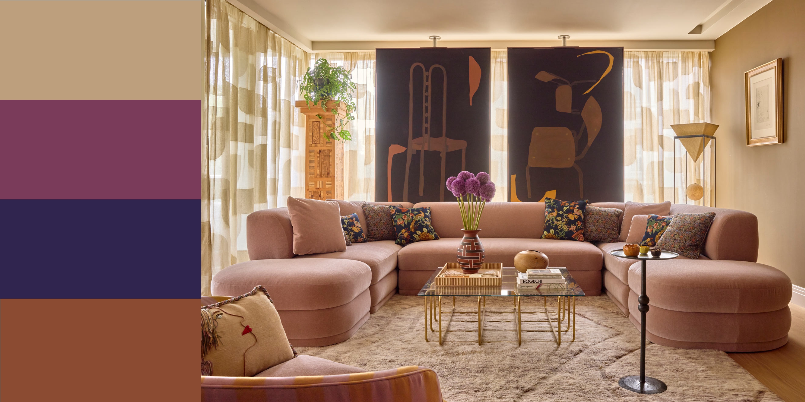 a beige living room with a light pink sofa and large wall panels across the window