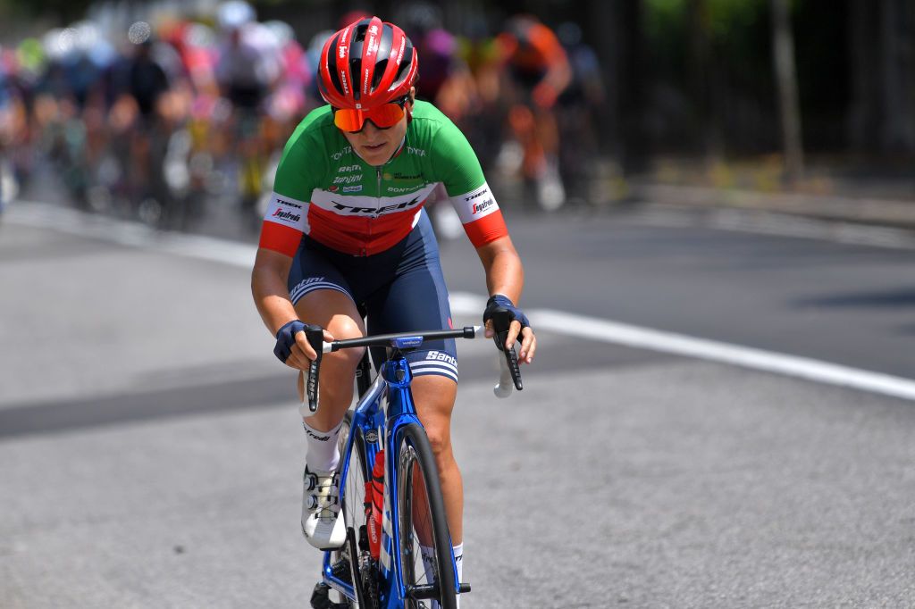 COLICO ITALY JULY 07 Elisa Longo Borghini of Italy and Team Trek Segafredo in breakaway during the 32nd Giro dItalia Internazionale Femminile 2021 Stage 6 a 155km stage from Colico to Colico GiroDonne UCIWWT on July 07 2021 in Colico Italy Photo by Luc ClaessenGetty Images