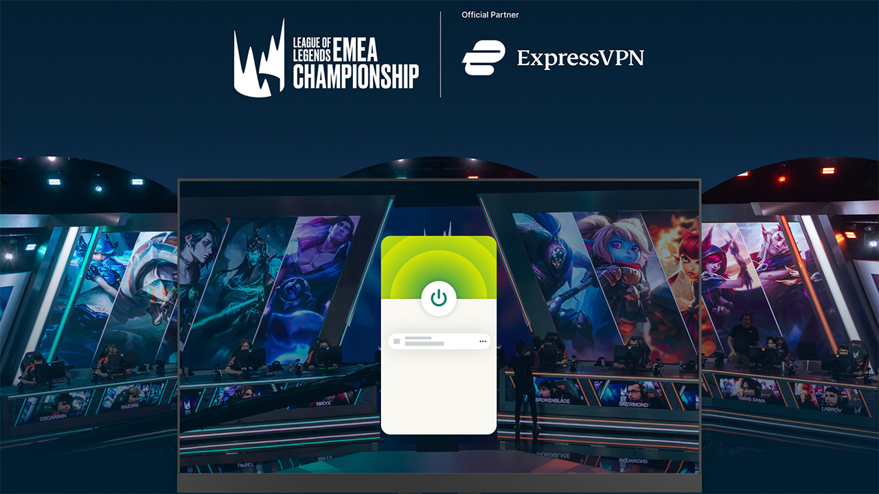 ExpressVPN and League of Legends EMEA Championship promo image. The Championship's logo and ExpressVPN's logo are both displayed in white. A row of gamers can be seen and a graphic of the ExpressVPN app