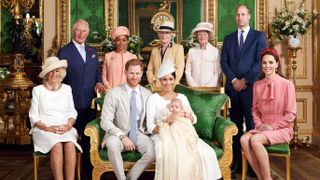 2cnr45r this official christening photograph released by the duke and duchess shows prince harry, duke of sussex and meghan, duchess of sussex with their son, archie and the duchess of cornwall, britain's prince charles, prince of wales, ms doria ragland, lady jane fellowes, lady sarah mccorquodale, prince william, duke of cambridge and catherine, duchess of cambridge in the green drawing room at windsor castle, near london, britain july 6, 2019 chris allertonpool via reuters news editorial use only no commercial use no merchandising, advertising, souvenirs, memorabilia or colourably similar no