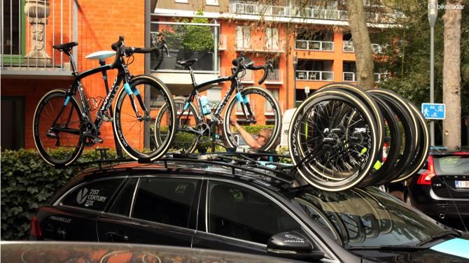 Bradley Wiggins (Sky) did his own course recon - fully supported, of course - the day before Paris-Roubaix