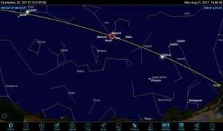 In Charleston, South Carolina, maximum totality will occur at 2:26 p.m. local time. Jupiter will be positioned high to the eclipsed sun's left, and Venus will be to the lower right, flanked by the bright stars Procyon, Castor and Pollux. Sirius and Orion will be embedded in the 360-degree sunset glow.