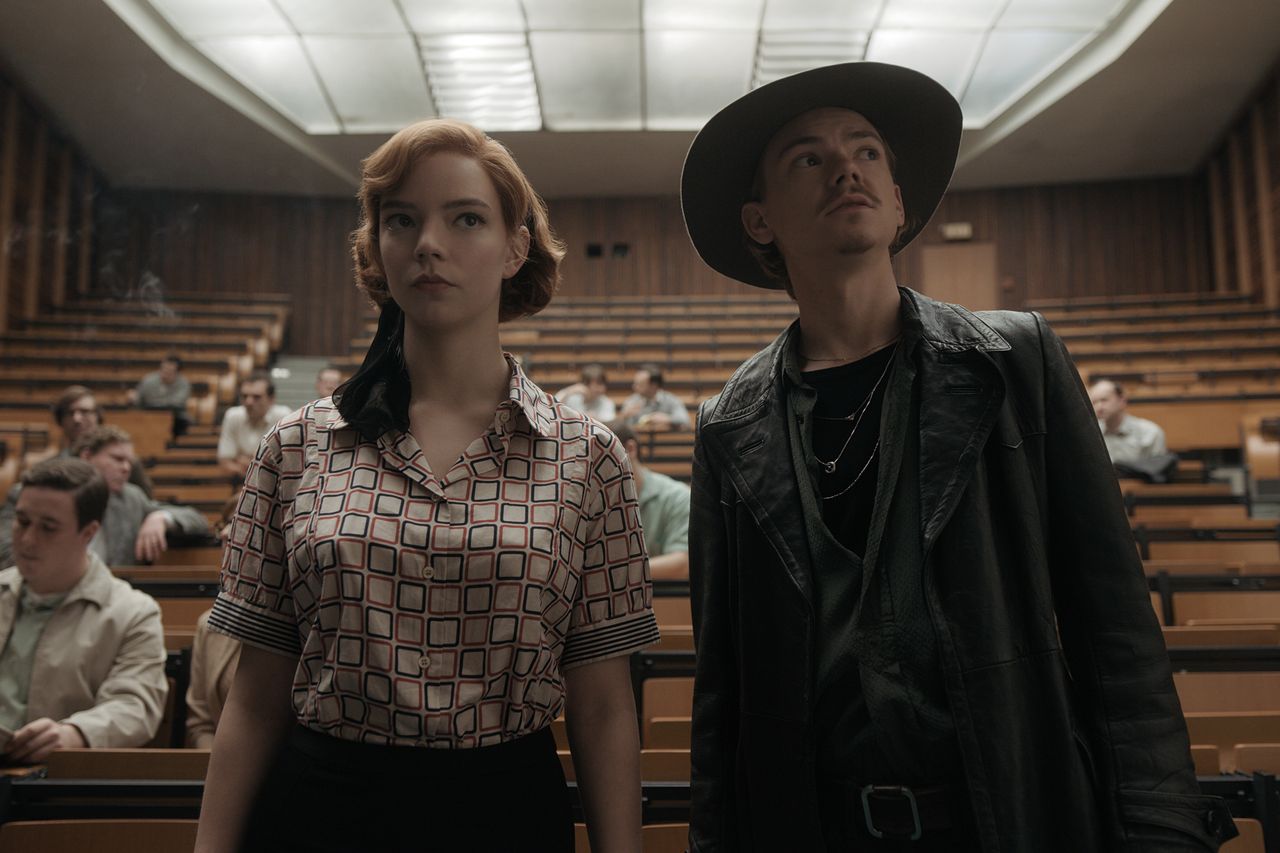 Anya Taylor-Joy as Beth Harmon and Thomas Brodie-Sangster as Benny Watts in "The Queen's Gambit" on Netflix.