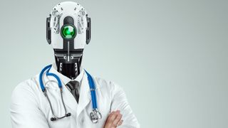 An artist&#039;s impression of a robot doctor wearing a lab coat.