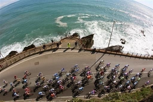 A bird's eye view as the peloton snakes along the Ligurian coast.