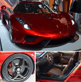 The Koenigsegg Regera (top) shows a new use of carbon composite in wheels (bottom left). The entire car body and structure are also made of carbon composites (bottom right).