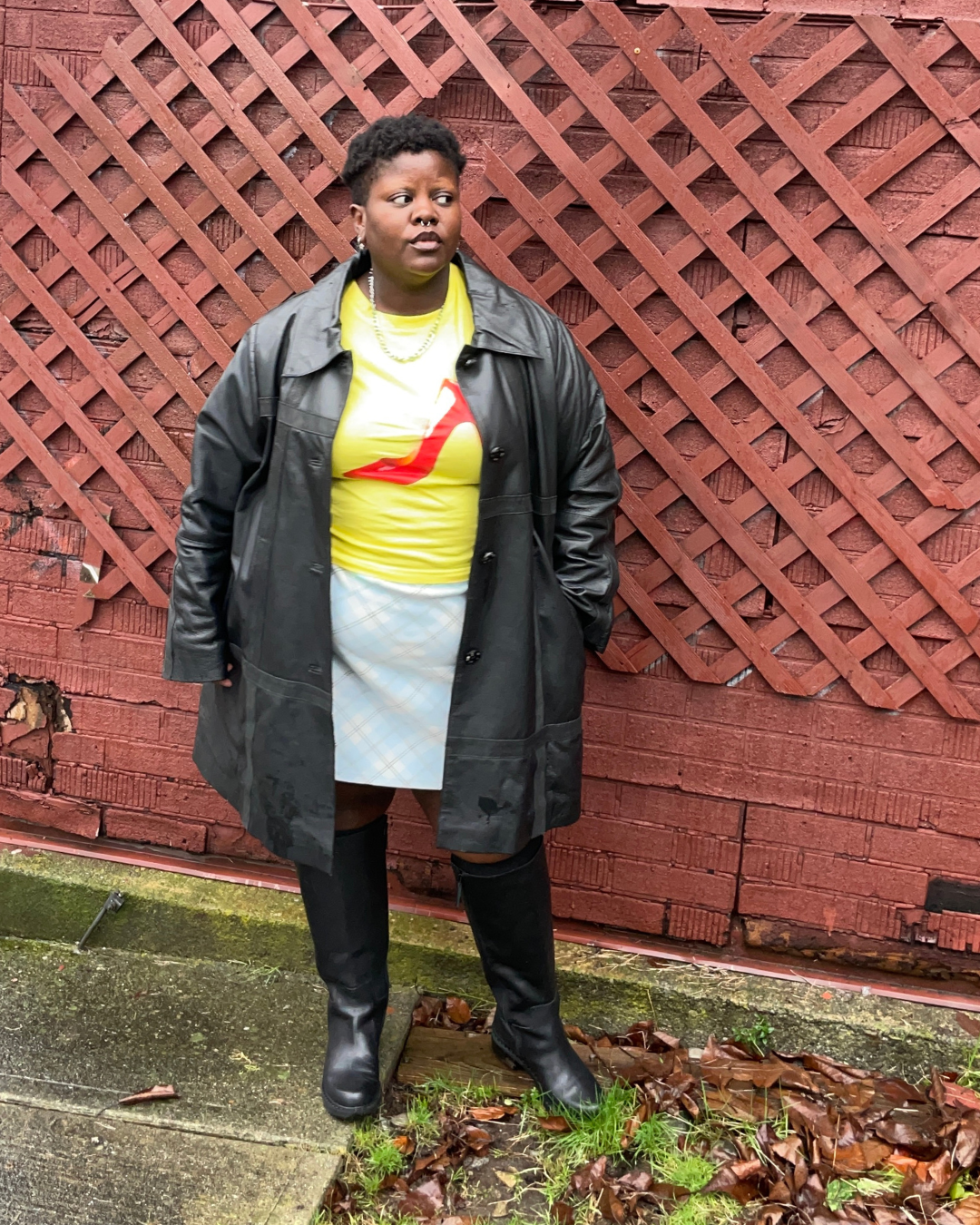 Lydia Okello wearing a vintage leather jacket