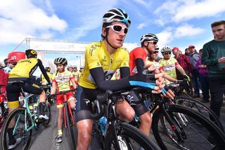 Geraint Thomas in yellow before the start of stage 4 at Volta ao Algarve