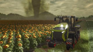 A farmer in a tractor next to a sunflower field during rain and a tornado