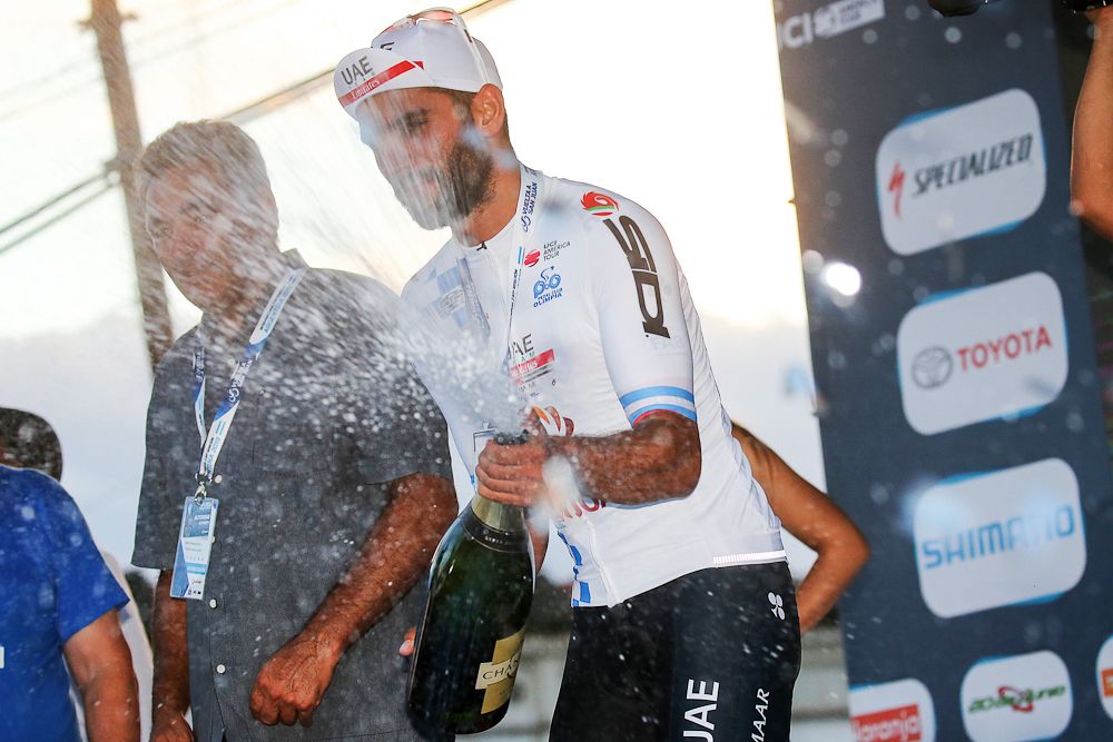 Fernando Gaviria on the stage 1 podium in San Juan