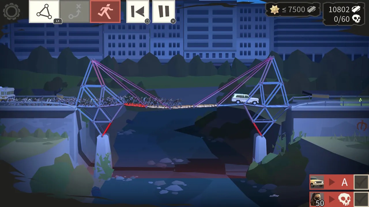 Bridge Constructor: The Walking Dead - A car drives across a bridge while a horde of zombies chase behind.