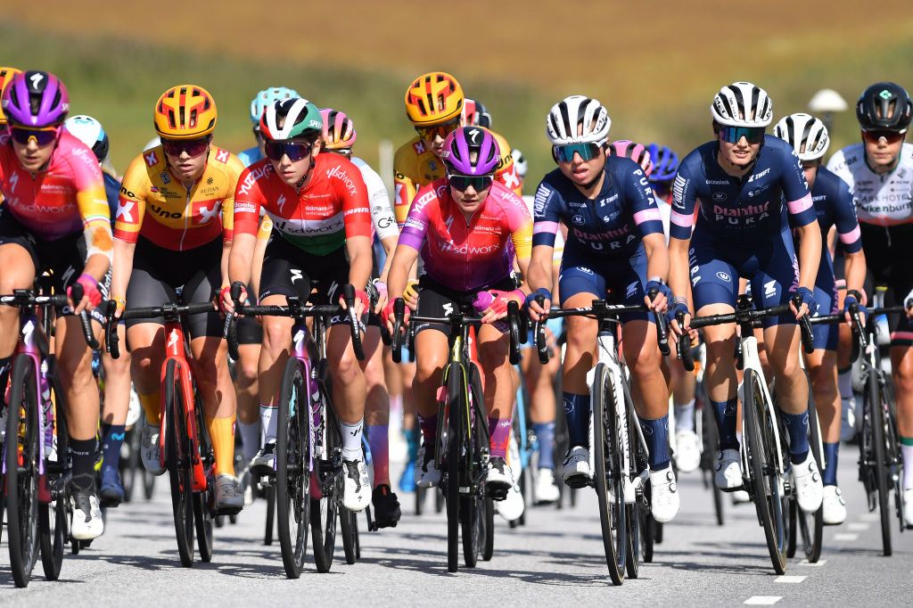 STROMSTAD SWEDEN AUGUST 10 LR Blanka Vas Kata of Hungary and Anna Frei of Switzerland and Team SD Worx lead the peloton during the 8th Tour of Scandinavia 2022 Battle Of The North Stage 2 a 1538km stage from Orust to Strmstad UCIWWT tourofscandinavia TOSC22 on August 10 2022 in Stromstad Sweden Photo by Luc ClaessenGetty Images