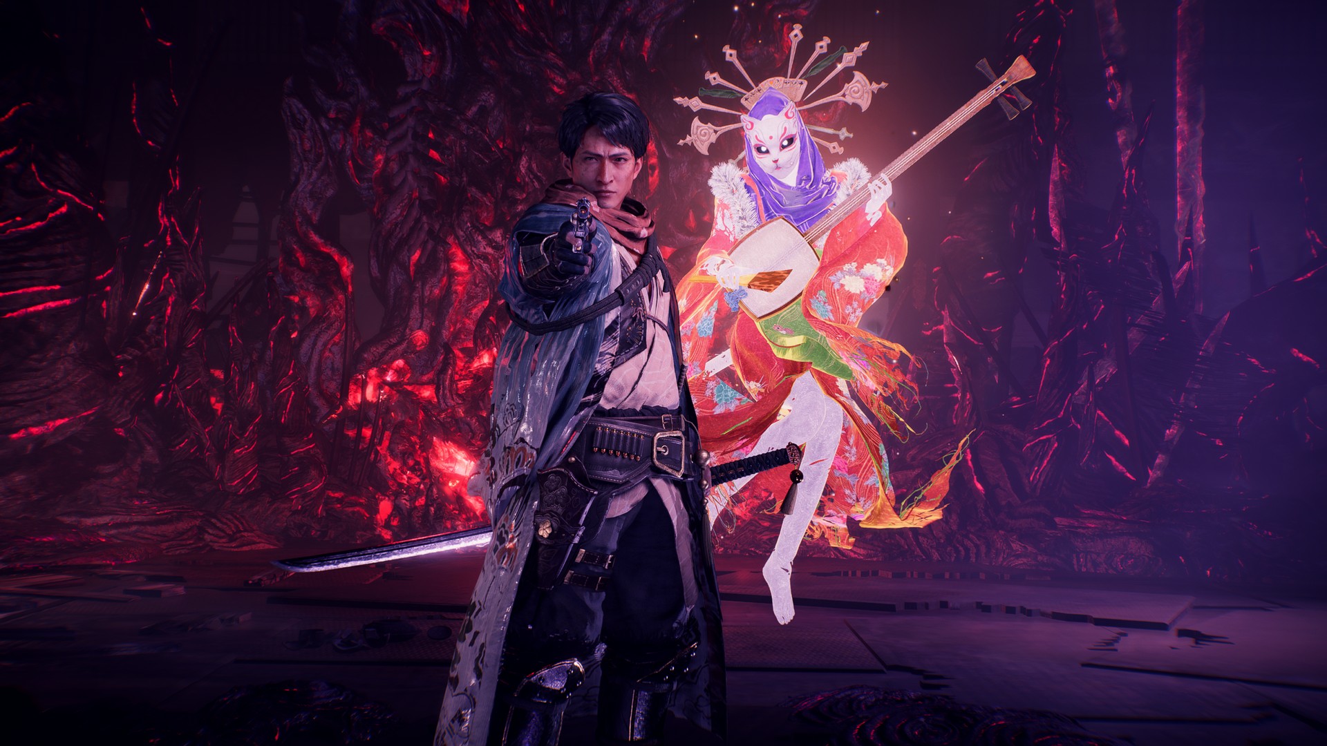 Takasugi Shinsaku meets the player in Nioh 3, pointing a gun while a colorful yokai spirit floats behind him
