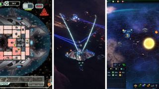 Split image showing three space strategy games: Left - FTL, Middle - Sins of a Solar Empire 2, Right - Galactic Civilizations 4