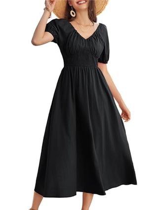 Grace Karin Women Black Maxi Dress Short Sleeve Smock Ruched V Neck High Waist Flowy Casual Beach Vocation Summer Dresses S