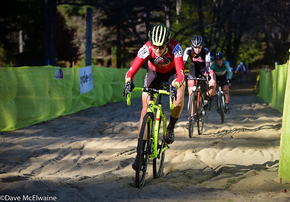 Natasha Elliot (Red Truck-Garneau) riding the sand pit in fifth position on lap one